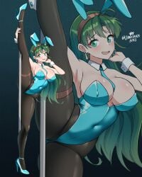 bunny_ears bunny_girl bunnysuit comic cute fire_emblem fire_emblem:_the_blazing_blade green_eyes green_hair jarckius legs_apart legs_up lyn_(fire_emblem) pole pole_dancer pole_dancing text