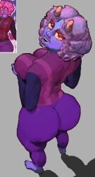 1female 2d big_ass big_breasts clothed clothing eyelashes female female_only freckles grabbing holding_breast horns looking_at_viewer looking_back original_character perspective pointy_teeth purple_hair purple_skin red_eyes seductive smiling_at_viewer solo tagme tight_clothing tight_fit wavy_hair