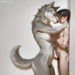 ai_generated animal_genitalia artas9972 breasts fur furry larger_female precum size_difference small_penis smaller_male wolf wolf_ears wolf_girl