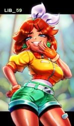 2d 2d_(artwork) 2d_artwork alternate_costume big_breasts blue_eyes dark-skinned_female earrings eyelashes eyeshadow hourglass_figure hourglass_figured_female lib_100 lib_59 mario_(series) mario_kart_world mischievous_smile princess_daisy shorts smiling sportswear thick thick_hips thick_lips thick_thighs wide_hips