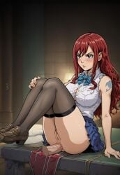 ai_generated akabur_style anal anal_sex ass bowtie clothed clothing echodantalian erza_scarlet fairy_tail girl legs legs_up loafers miniskirt offscreen_male red_hair shirt tights