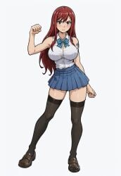 ai_generated akabur_style bowtie clothed clothing dynamic_pose echodantalian erza_scarlet fairy_tail girl loafers miniskirt red_hair shirt tights