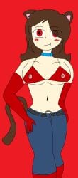 1girls brandonvortex_(artist) breasts brown_hair cat_ears collar drawing gloves original_character red_background red_bra red_eyes red_gloves tail