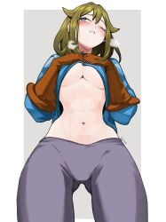 1girls abs ass_visible_through_thighs big_breasts blue_eyes blush breasts brown_gloves chloe_(unicorn_overlord) clothes_lift eudetenis female gloves green_hair grey_pants heavy_breathing large_breasts lowleg_pants narrow_waist no_bra one_eye_closed paid_reward_available pants shirt_lift shirt_lifted_by_self solo sweat underboob unicorn_overlord