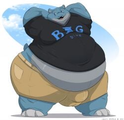 1boy anthro arms_behind_back ass belly belly_overhang big_moobs blue_body blue_eyes breasts bulge fat furry heavy_doodles hippopotamid hippopotamus hips large_ass large_breasts large_moobs male male_focus male_only moobs overweight overweight_male short_shirt shorts stomach thick_thighs thighs wide_hips