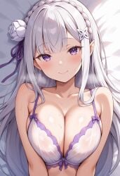 ai_generated bra closed_mouth elf_ears emilia_(re:zero) female flower hi_res lingerie looking_at_viewer purple_eyes re:zero_kara_hajimeru_isekai_seikatsu sephiaton955 silver_hair smile teenage_girl teenager