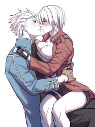 belt_bra big_breasts blue_eyes blush breasts_against_chest brother_and_sister clothing dante devil_may_cry devil_may_cry_3 fingerless_gloves incest pichuuuchan rule_63 short_hair short_shorts sitting_on_lap trenchcoat vergil white_hair