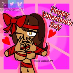 1:1 1girls bow bow_ribbon brown_hair dark-skinned_female dark_skin female heart_hands loomian_legacy notaorange13_(artist) nurse_(loomian_legacy) ponytail roblox solo solo_female valentine's_day watermark winking_at_viewer yellow_eyes