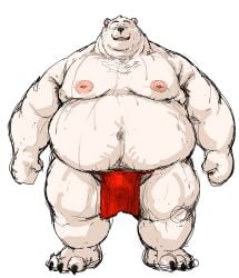 2025 anthro asian_clothing bear bodily_fluids clothing east_asian_clothing fundoshi genitals hi_res japanese_clothing kemono kotobuki male mammal musk overweight overweight_male penis red_clothing red_fundoshi red_underwear simple_background solo sweat underwear white_background