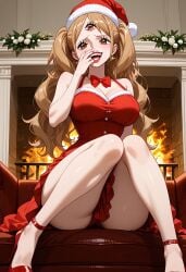 3_eyes ai_generated bare_thighs big_breasts brown_hair burneri charlotte_pudding christmas crossed_legs huge_breasts huge_thighs light-skinned_female light_skin looking_down low-angle_view massive_breasts one_piece panties pantyhose shounen_jump smiling solo_female squatting sweat sweatdrop thick_body thick_female thick_thighs thighs twintails voluptuous voluptuous_female