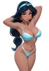 ai_generated aliaaaaana breasts dark_skin disney disney_princess lingerie looking_at_viewer princess_jasmine standing