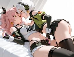 2girls ai_generated anby_demara ass breasts nicole_demara on_bed shorts skirt thong_straps yuri yuri zenless_zone_zero