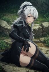 ai_generated anus ass ass_focus black_dress blue_eyes looking_at_viewer nier nier:_automata pale-skinned_female pink_lips ponytail pussy thighhighs thighs white_hair yorha_no.4