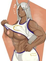 1girls big_breasts breasts bunny_ears dark-skinned_female dark_skin female huge_breasts miruko muscular muscular_female my_hero_academia nipples pubic_hair pubic_hair_peek shirt_lift solo soutoku sweat white_hair