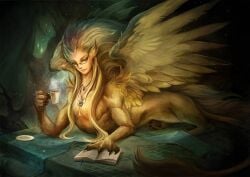 1girls blonde_hair book breasts claws coffee coffee_mug cozy fantasy feral glasses hybrid mug nerd nerdy_female reading sphinx