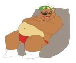 0ottotto0 2025 anthro asian_clothing balls barely_visible_balls barely_visible_genitalia bear belly bulge closed_eyes clothing east_asian_clothing eyewear fundoshi genitals glasses hat headgear headwear japanese_clothing kemono male mammal navel open_mouth overweight overweight_male red_clothing red_fundoshi red_underwear sitting solo underwear