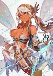 1girls andromeda_(fate) andromeda_(first_ascension)_(fate) armlet bare_shoulders blonde_hair braid breasts cleavage crown_braid dark-skinned_female dark_skin fate/grand_order fate_(series) green_eyes highres jewelry lack large_breasts long_hair looking_at_viewer retrousse_breasts smile solo white_hair