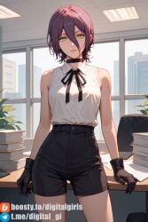 ai_generated black_gloves black_shorts bow brown_hair chainsaw_man choker digital_girls green_eyes hair_between_eyes looking_at_viewer medium_breasts medium_hair office office_lady reze_(chainsaw_man) white_shirt