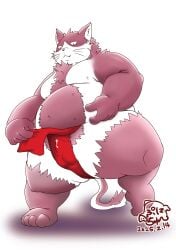 2025 absurd_res anthro asian_clothing belly big_belly bodily_fluids bungo_(tamacolle) clothing domestic_cat east_asian_clothing felid feline felis fundoshi genital_fluids hi_res japanese_clothing kemono male mammal moobs overweight overweight_male pink_body precum punichu red_clothing red_fundoshi red_underwear solo tamacolle underwear white_body