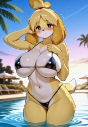 1girls ai_generated animal_crossing animal_crossing_new_horizons big_breasts blush blush curvaceous_figure curvy dripping furry hand_on_breast isabelle_(animal_crossing) nintendo outdoors pool shy sirenia wet