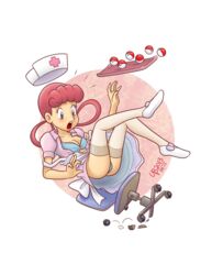 bra female female_only human nurse_joy open_dress panties pokemon solo thebourgyman upskirt white_panties