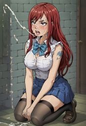 ai_generated akabur_style bowtie clothed clothing cum cum_in_mouth cum_on_face echodantalian erza_scarlet fairy_tail girl loafers miniskirt offscreen_male on_knees red_hair saliva shirt tights