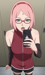 aged_up ai_generated ass bigmic145 boruto:_naruto_next_generations breasts detached_sleeves dress female female_only glasses medium_breasts naruto naruto_(series) pink_hair sakura_haruno sarada_uchiha sarada_uchiha_(cosplay) selfie short_hair shorts thighhighs trying_on_clothes