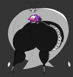 1girls antennae ass ass_bigger_than_body ass_bigger_than_head black_yoga_pants collar colossal_ass colossal_butt cross_earrings eyelashes gigantic_ass huge_ass hyper_ass hyper_hips long_neck narrow_waist one_cryptid pheromosa pokemon pokemon_(species) purple_eyes purple_jacket solo text thick_thighs transparent_clothing transparent_top wide_hips yoga_pants