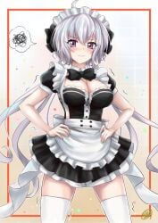 1girls black_bow black_bowtie breasts cleavage closed_mouth enmaided female frills hands_on_hips hands_on_own_hips large_breasts lavender_hair long_hair looking_at_viewer maid maid_headdress maid_uniform purple_eyes r-binon senki_zesshou_symphogear shiny_skin simple_background solo thighhighs trembling wavy_mouth white_thighhighs yukine_chris