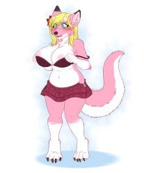 absurd_res anthro big_breasts blonde_hair blue_eyes blush bottomwear bra breasts canid canine canis clothing dragon english_text exposed_breasts female fur hi_res horn hybrid kina_heijima mammal mythological_creature mythological_scalie mythology pink_body pink_fur roketchu scalie skirt slightly_chubby solo tail tail_under_skirt text underwear wolf