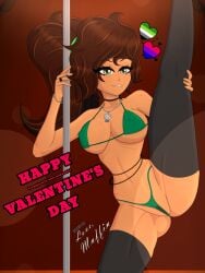 1girls aromantic_pride_colors belly_chain bisexual_pride_colors brown_hair jewelry leg_raised legs_spread micro_bikini muffin_(muffinshornyaccount) muffinshornyaccount olive_eyes original_character pole pole_dancing ponytail presenting smile solo sultry_eyes thick_thighs thighhighs wet_panties