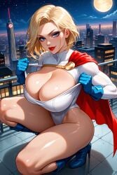 ai_generated bare_thighs blonde_hair blue_eyes burneri dc_comics gigantic_breasts heroine high_heel_boots high_heels huge_breasts huge_thighs light-skinned_female light_skin looking_at_viewer massive_breasts power_girl short_hair smiling solo_female squatting sweat sweatdrop thick_body thick_female thick_thighs thighhighs thighs voluptuous voluptuous_female