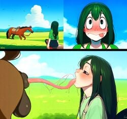 ai_generated anus ass asshole beast_rimming boku_no_hero_academia cunnilingus female feral feral_on_female feral_on_human green_eyes green_hair hentai horse_anus horseballs horsecock long_tongue redneck rimming rimming_horse rimming_male tongue tongue_out tonguejob tsuyu_asui very_long_tongue zoophilia