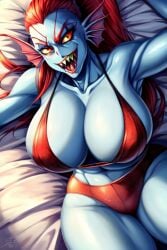 1girls ai_generated big_belly bikini blue_body blue_skin breasts clothed clothed_female female female_focus female_only looking_at_viewer nerdlord1 open_smile red_bikini red_hair sharp_teeth smile solo solo_female undertale undertale_(series) undyne yellow_sclera yellow_teeth