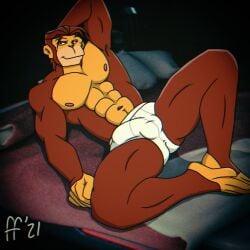 2021 5_fingers abs anthro ape balls_outline bent_legs brown_body brown_fur brown_hair bulge captain_simian captain_simian_and_the_space_monkeys chimpanzee closed_smile clothed clothing detailed_bulge digital_drawing_(artwork) digital_media_(artwork) fabfelipe fingers fur genital_outline hair hand_behind_head haplorhine hi_res male mammal mouth_closed muscular muscular_anthro muscular_male navel nipples pan_(genus) pecs penis_outline pink_nipples pinup pose primate smile solo tan_body topless topless_anthro topless_male underwear underwear_only white_clothing white_underwear