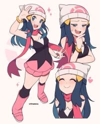 blue_eyes blue_hair cremanata dawn_(pokemon) dressed happy pokemon small_breasts