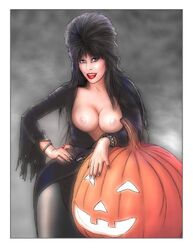 1girls areola beauty_mark black_hair bracelet breasts cassandra_peterson celebrity cleavage elvira elvira:_mistress_of_the_dark eyeshadow female female_only goth halloween jack-o'-lantern lipstick makeup mole nail_polish nipples ring solo tagme voluptuous