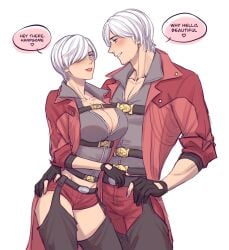 ass_grab big_breasts blue_eyes chaps cleavage dante_(devil_may_cry) devil_may_cry devil_may_cry_4 fingerless_gloves hand_on_belt pichuuuchan red_jacket red_lipstick rule_63 selfcest short_hair short_shorts text trenchcoat white_hair