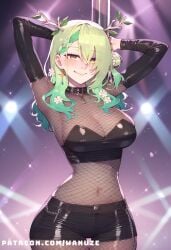 ai_generated big_ass big_breasts big_butt big_thighs blush body_stocking ceres_fauna fishnet_legwear fishnet_stockings fishnets green_hair hololive hololive_english horn huge_ass huge_breasts huge_butt huge_thighs pantyhose pole pole_dancing wanuze wide_hips yellow_eyes