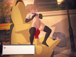 annoyed belly_bulge blonde_hair blue_eyes cumflated_belly cumflation dialogue goat_girl goat_horns impregnation knot knotting pokemon pokephilia reverse_cowgirl_position sheep_girl sheep_horns size_difference tagme team_rocket thighhighs typhlosion video