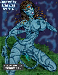 1girls 2010 alien alien_girl alien_only avatar big_breasts breasts color colored female julius_zimmerman lisa_lisa_(artist) looking_at_viewer masturbation na'vi neytiri nude solo