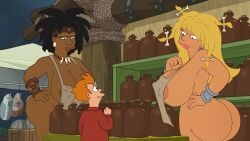 1boy 2girls apron areolae_peeking ass big_ass big_breasts blonde_hair breasts ebony edit edited futurama giantess large_breasts long_hair nerota nipples_bulge no_bra no_panties orange_hair screenshot screenshot_edit short_hair taller_girl upscaled