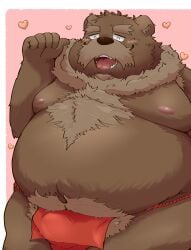 2025 absurd_res anthro asian_clothing bear belly big_belly brown_body brown_fur bulge closed_eyes clothing east_asian_clothing fundoshi fur heart_symbol hi_res japanese_clothing kemono male mammal mature_male moobs nipples open_mouth overweight overweight_male red_clothing red_fundoshi red_underwear simple_background solo underwear yanununununu