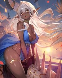 1girls :d bare_arms bare_shoulders bird blue_dress breasts caffeine-chan commentary_request dark_skin dress elf highres jewelry lack large_breasts long_hair looking_at_viewer open_mouth original pointy_ears smile solo thighlet thighs very_long_hair white_hair yellow_eyes