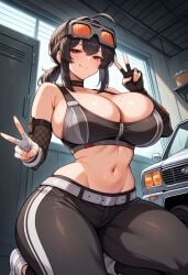 ai_generated bare_thighs black_hair burneri gigantic_breasts glasses_on_head grace_howard huge_breasts huge_thighs jean_shorts light-skinned_female light_skin looking_down low-angle_view massive_breasts peace_sign ponytail red_eyes smiling solo_female squatting sweat sweatdrop tank_top thick_body thick_female thick_thighs thighs voluptuous voluptuous_female zenless_zone_zero