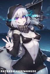 abyssal_ship ai_generated big_ass big_butt big_thighs blush evil_smile glowing_eyes huge_ass huge_butt huge_thighs medium_breasts pale-skinned_female pale_skin peace_sign purple_hair sharp_teeth small_breasts tail wanuze white_hair wide_hips