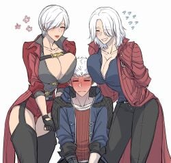 aunt_and_nephew breasts_on_head chaps cleavage clothing dante devil_may_cry devil_may_cry_4 devil_may_cry_5 fingerless_gloves heavy_blush huge_breasts incest nero_(devil_may_cry) pichuuuchan rule_63 short_hair short_shorts teasing trenchcoat white_hair