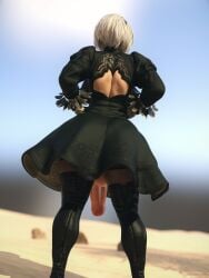 1futa 3d balls big_breasts breasts clothing desert flaccid futa_only futanari huge_balls huge_breasts huge_cock hyper hyper_penis light-skinned_futanari light_skin nier nier:_automata penis rear_view salamandraninja short_hair skirt solo standing testicles thighhighs uncut white_hair yorha_2b