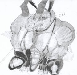 absurd_res anthro barazoku blush claws clothing crocodile crocodilian fake_ears fake_rabbit_ears fangs finger_claws genitals hi_res kneeling league_of_legends leather leather_clothing male muscular muscular_anthro muscular_male nipples pecs penis perspective pinumontbalou renekton reptile riot_games scales scalie scar solo submissive submissive_anthro submissive_male tail teeth tencent vein veiny_penis