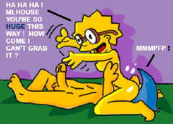 blue_hair breasts color cunnilingus exposed_breasts female hair human lisa_simpson male milhouse_van_houten oral short_hair skin spiky_hair straight text the_simpsons yellow_body yellow_hair yellow_skin